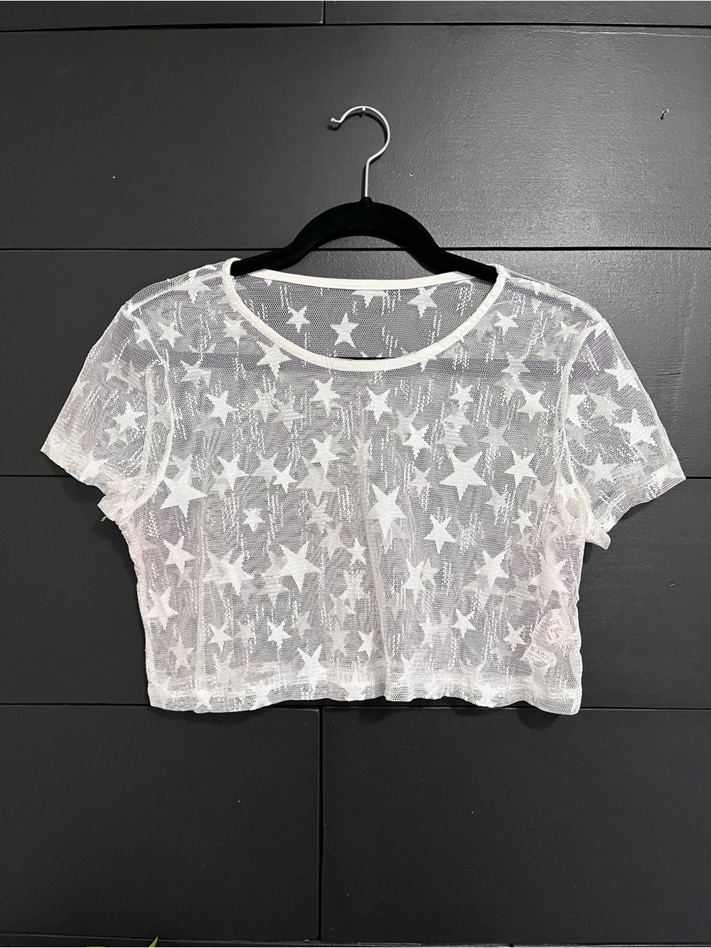 FOREVER 21 White Stars Sheer Mesh Crewneck Crop Top Costume Gameday Sz XS EUC
